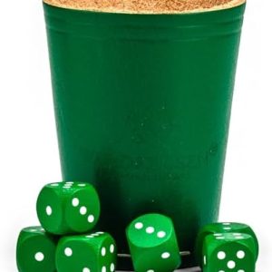 Gobelet à dés en Cuir Véritable (9 cm) avec 6 cubes en bois (16 mm) en bois de hêtre Tasses en Cuir Set de dés pour les yeux Cube de jeu (Couleur : Vert)